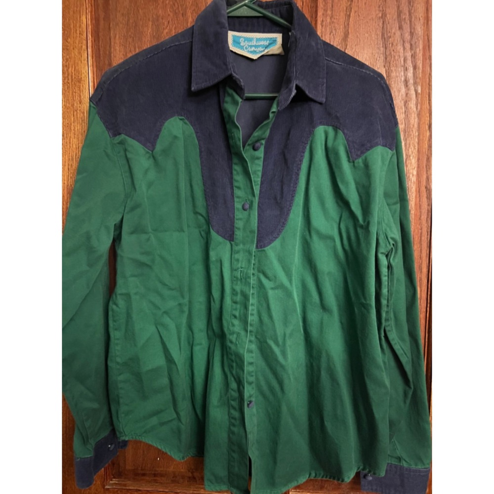 Southwest Canyon Mens Medium Green Navy Corduroy Yoke Western Button Up Shirt